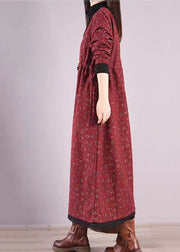 Casual Red Print Drawstring Patchwork Warm Fleece Dresses Winter