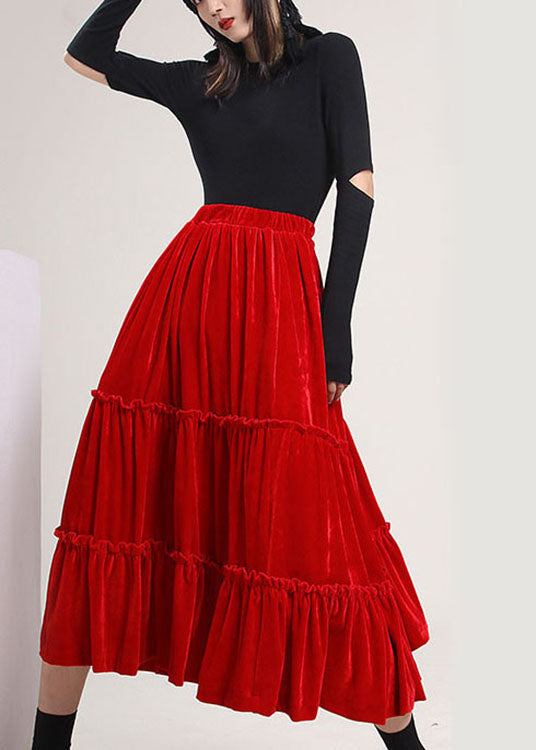 Casual Red Ruffled Patchwork Silk Velour Skirt Spring