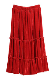 Casual Red Ruffled Patchwork Silk Velour Skirt Spring