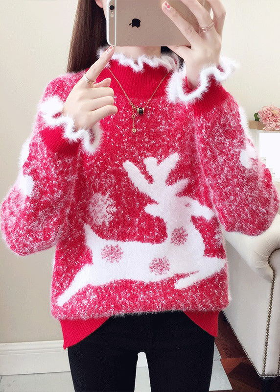 Casual Red Ruffled Print Thick Mink Hair Knitted Sweaters Fall