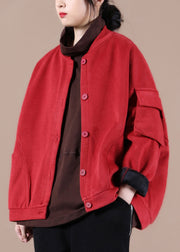 Casual Red Stand Collar Pockets Warm Fleece Jacket Winter