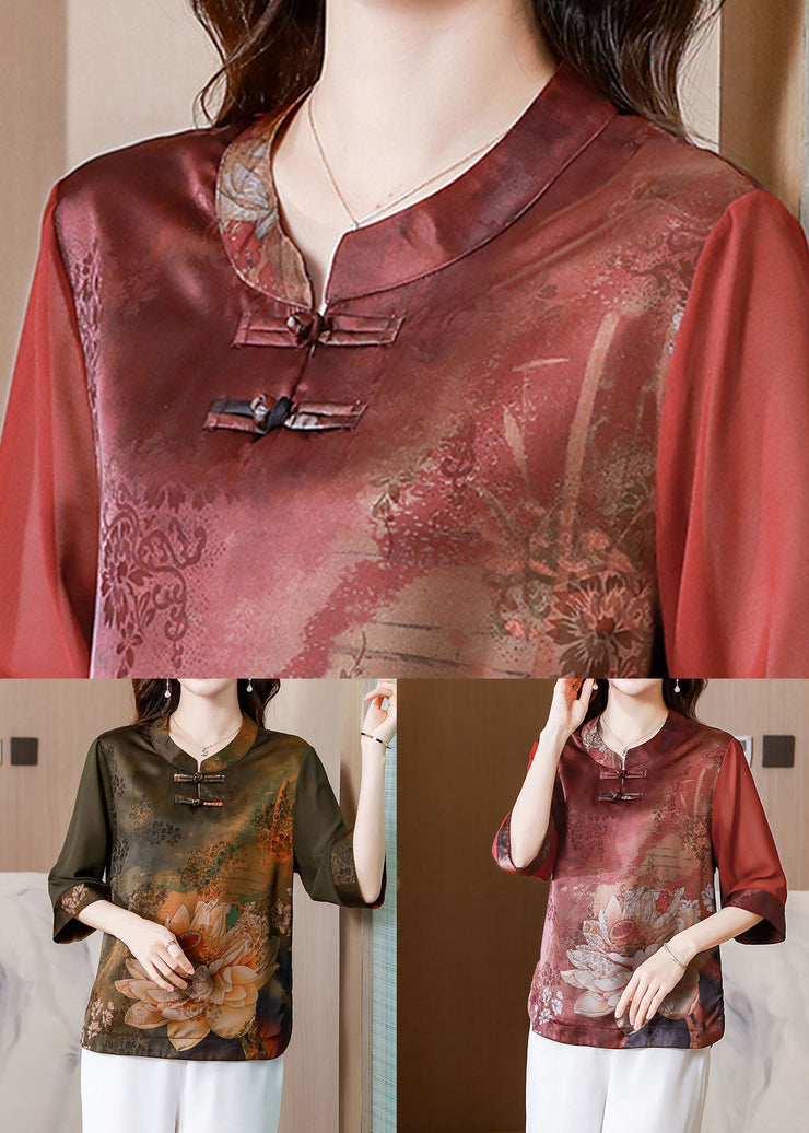 Casual Red Stand Collar Print Patchwork Silk Blouses Summer
