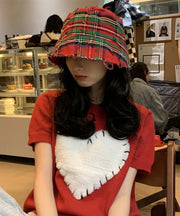 Casual Red Striped Patchwork Cotton Cloche Hat