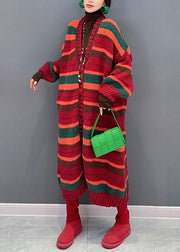 Casual Red Striped V Neck Button Patchwork Knit Coat Fall