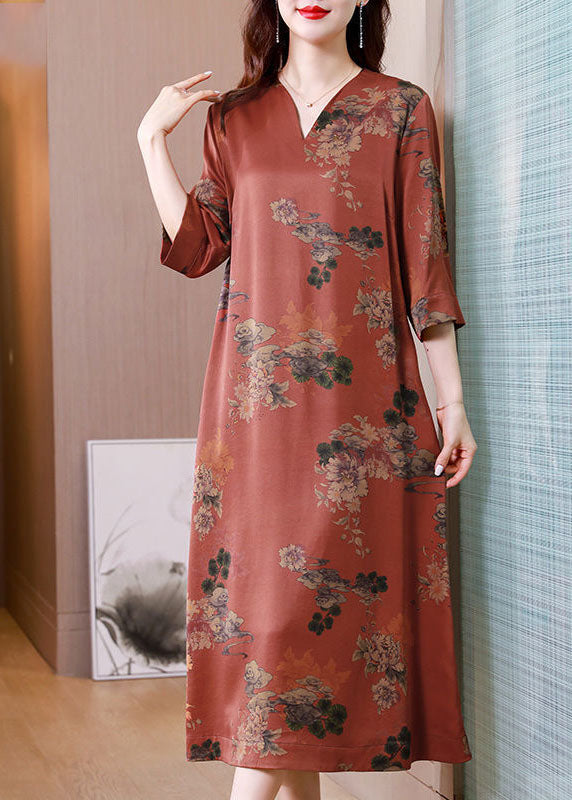 Casual Red V Neck Print Side Open Silk Long Dress Half Sleeve