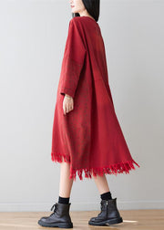Casual Red V Neck Tassel Cotton Loose Dress Spring