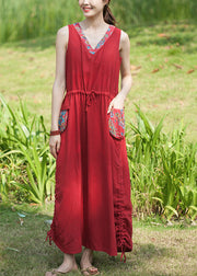 Casual Red V Neck drawstring pocket Patchwork Vacation Dresses Sleeveless
