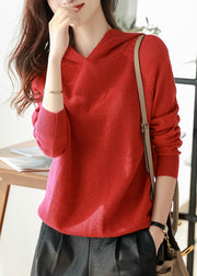 Casual Red Woolen Hooded Pullover Sweatshirt Long Sleeve