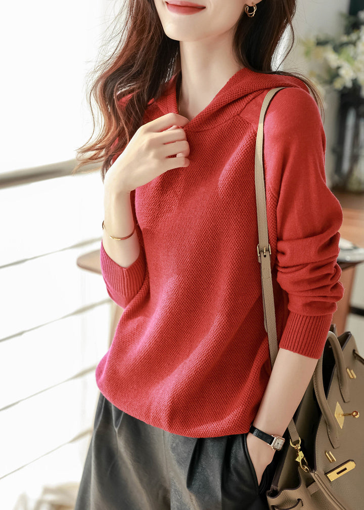 Casual Red Woolen Hooded Pullover Sweatshirt Long Sleeve