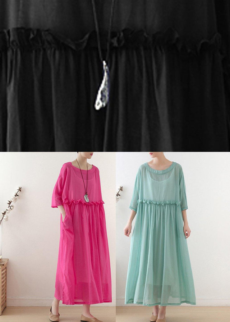 Casual Rose O-Neck Ruffled Long Dress Summer Chiffon Dress - SooLinen