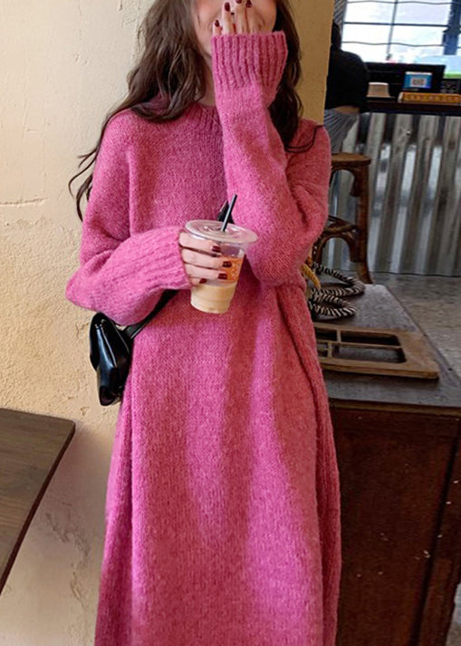 Casual Rose O-Neck Thick Cozy Loose Knit Sweater Dress Winter
