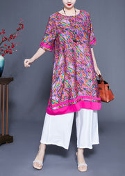 Casual Rose Oversized Print Linen Silk Robe Dresses Summer