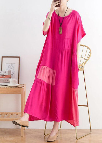 Casual Rose Patchwork O-Neck Long Cotton Dress - SooLinen