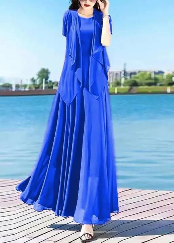 Casual Royalblue O-Neck Chiffon Cardigans And Long Dress Two Pieces Set Summer