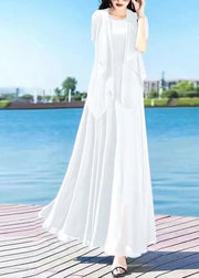 Casual Royalblue O-Neck Chiffon Cardigans And Long Dress Two Pieces Set Summer