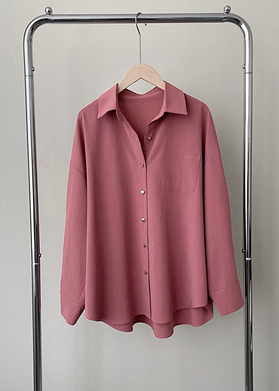 Casual Rubber Red Peter Pan Collar Pockets Button Shirt Spring