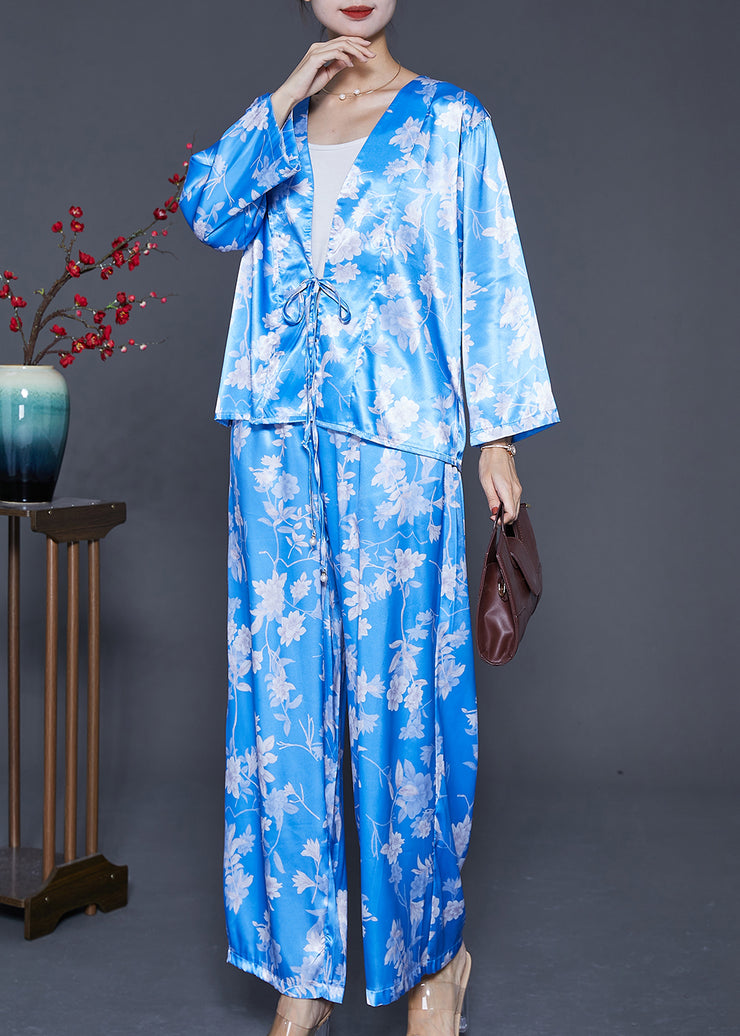 Casual Sky Blue Oversized Print Lace Up Silk Two Pieces Set Summer