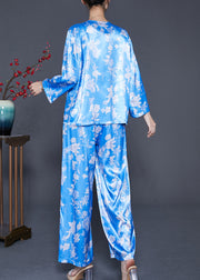 Casual Sky Blue Oversized Print Lace Up Silk Two Pieces Set Summer