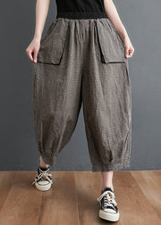 Casual Small Plaid Pockets Elastic Waist Cotton Crop Pants Summer