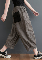 Casual Small Plaid Pockets Elastic Waist Cotton Crop Pants Summer