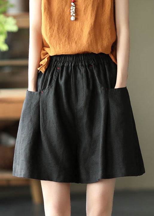 Lässige, einfarbige, schwarze, elastische Taillen-Leinen-Shorts für den Sommer