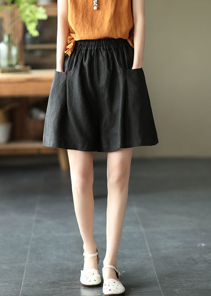 Casual Solid Black Elastic Waist Linen Shorts Trousers Summer