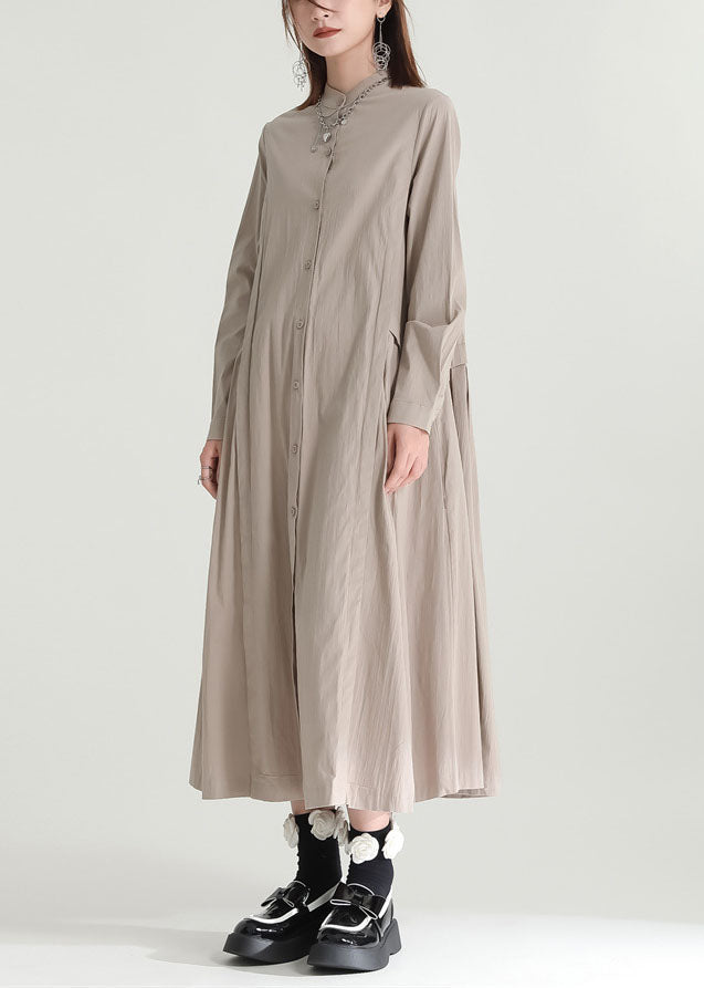 Casual Solid Color Stand Collar Patchwork Linen Long Dress Fall
