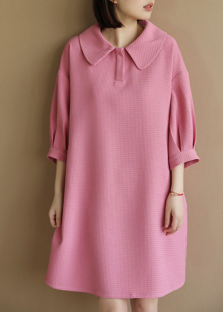 Casual Solid Pink Peter Pan Collar Plaid Cotton A Line Dresses Bracelet Sleeve