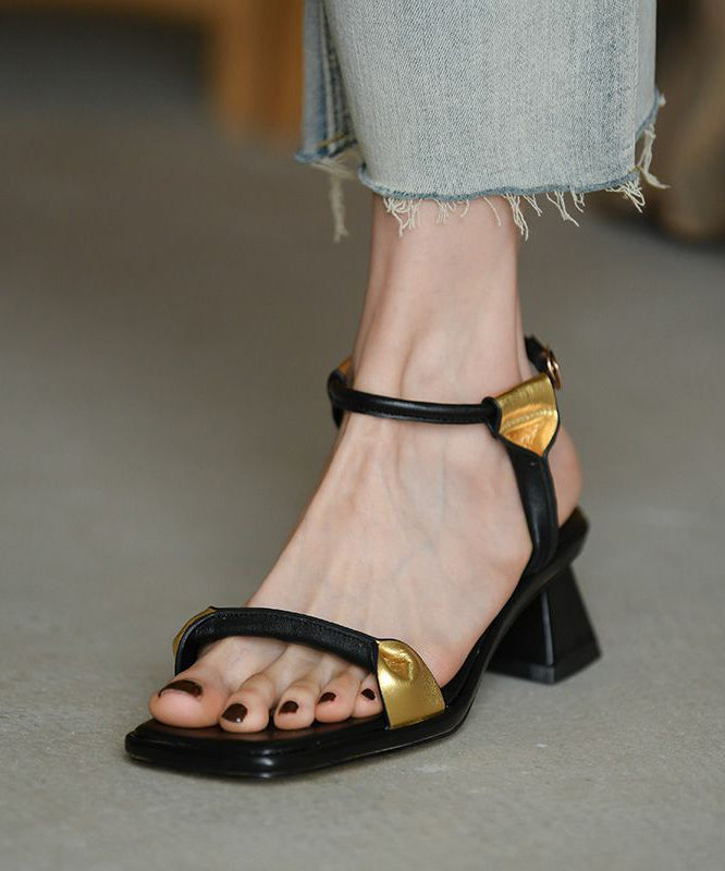 Casual Splicing Chunky Sandals Black Cowhide Leather