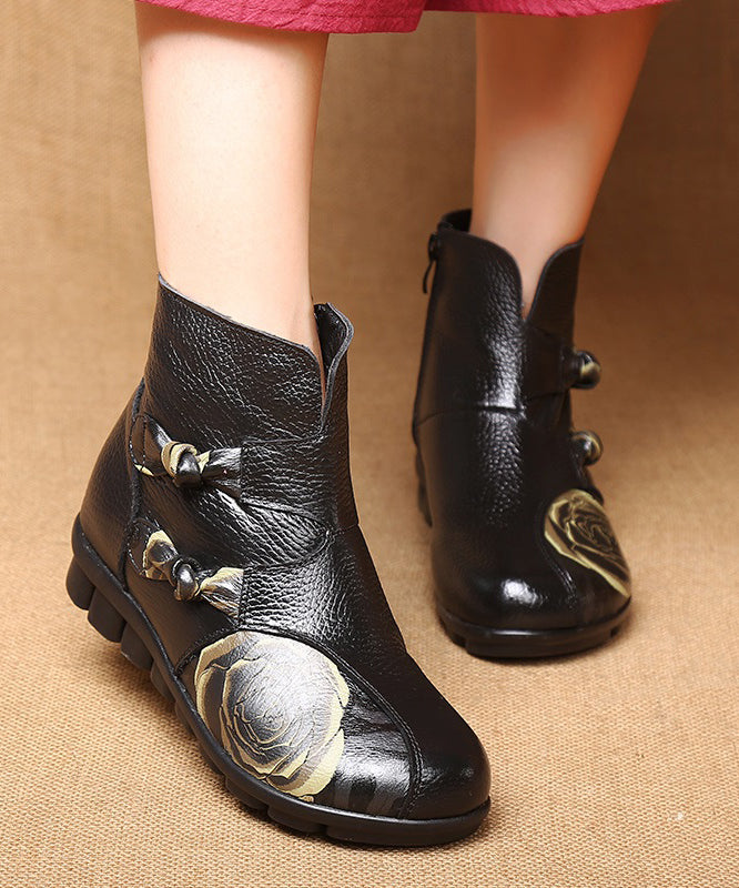 Casual Splicing Flats Ankle Boots Black Cowhide Leather