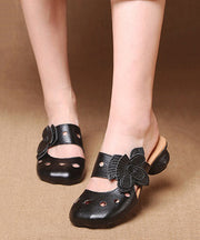 Casual Splicing Hollow Out Chunky Black Cowhide Leather Slide Sandals