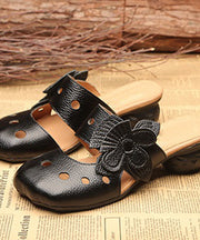 Casual Splicing Hollow Out Chunky Black Cowhide Leather Slide Sandals