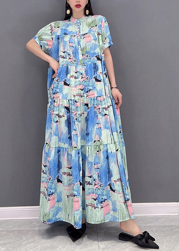 Casual Stand Collar Button Wrinkled Print Chiffon vacation Dress Short Sleeve