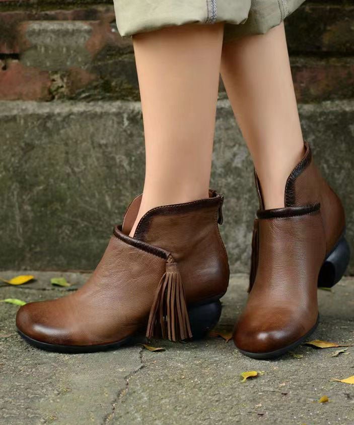Casual Tassel Splicing Chunky Ankle Boots Brown Cowhide Leather