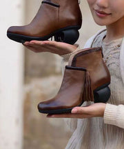 Casual Tassel Splicing Chunky Ankle Boots Brown Cowhide Leather