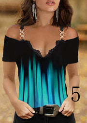 Casual V Neck Ptint Off The Shoulder Sequined Cotton Spaghetti Strap Tops Summer