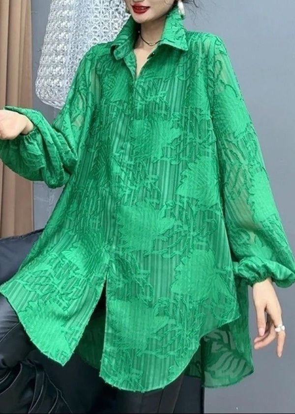 Casual Versatile Green Peter Pan Collar Cotton Shirts Spring