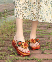 Casual Wedge Thong Sandals Orange Cowhide Leather Flip Flops - SooLinen