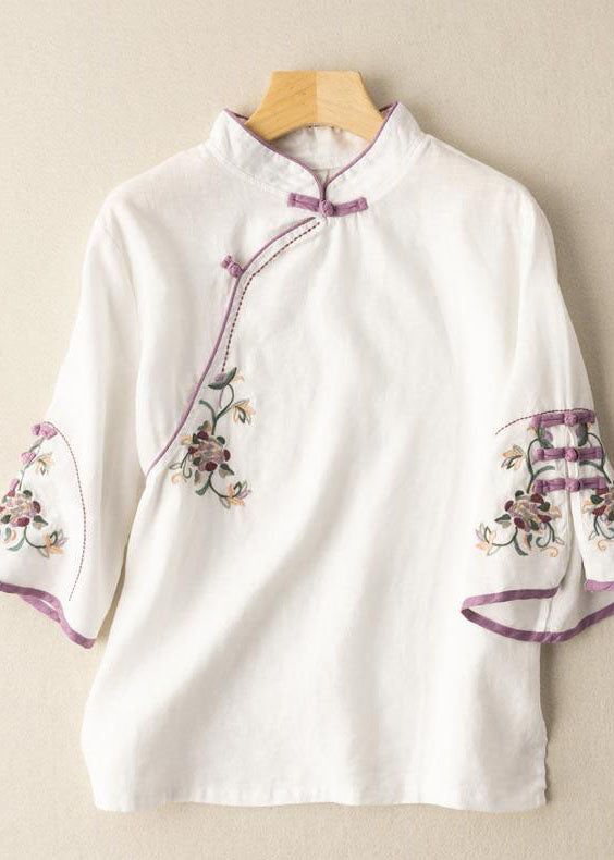 Casual Black flower Embroidered Button Blouse Tops Half Sleeve