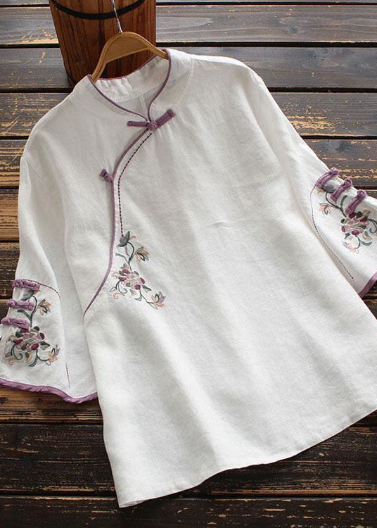 Casual White Embroidered Button Blouse Tops Half Sleeve