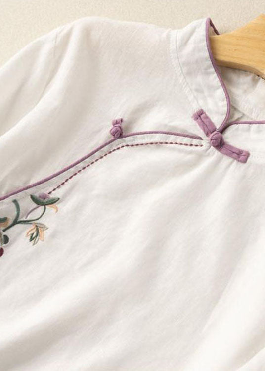 Casual White Embroidered Button Blouse Tops Half Sleeve