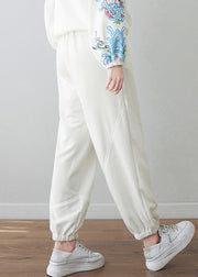 Casual White Embroidered Floral High Waist Pockets Beam Pants Fall
