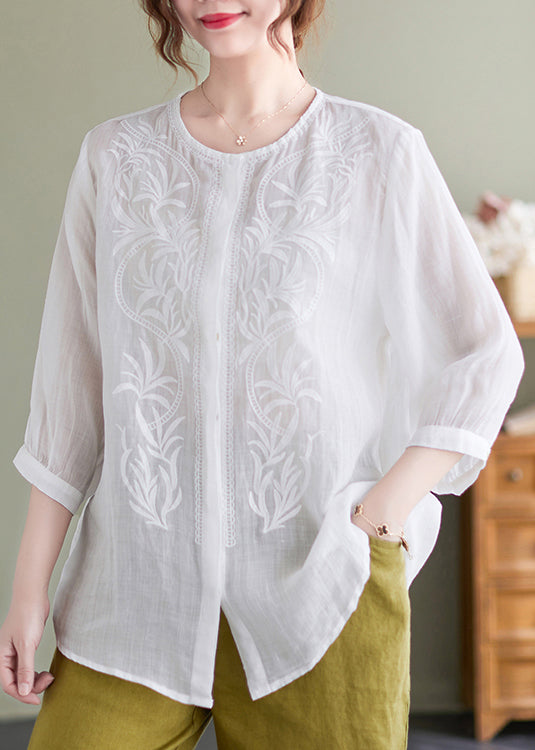Casual White Embroidered Oversized Linen Shirt Summer
