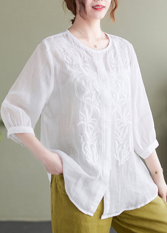 Casual White Embroidered Oversized Linen Shirt Summer