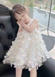 Casual White Floral Decorated Patchwork Tulle Baby Girls Dress Summer