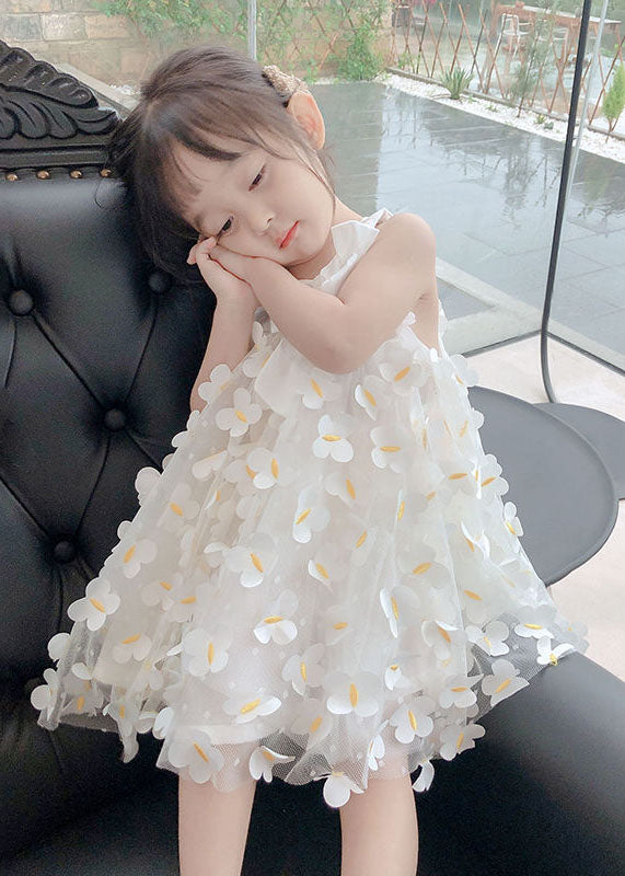 Casual White Floral Decorated Patchwork Tulle Baby Girls Dress Summer