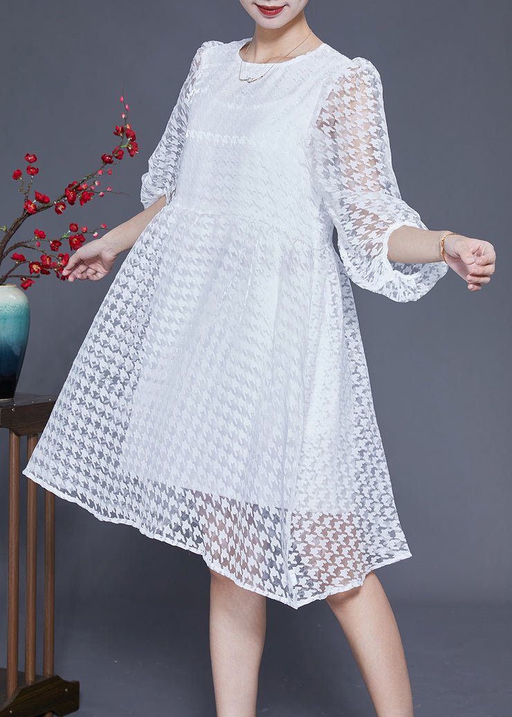 Casual White Hollow Out Exra Large Hem Tulle Maxi Dress Puff Sleeve