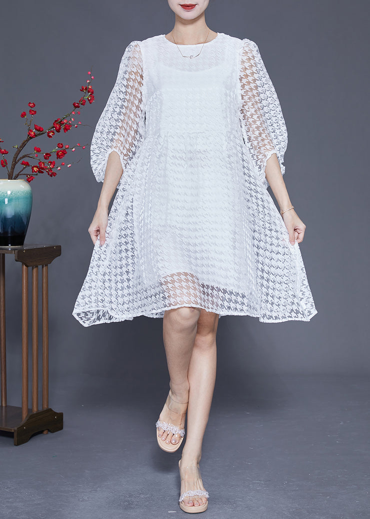 Casual White Hollow Out Exra Large Hem Tulle Maxi Dress Puff Sleeve