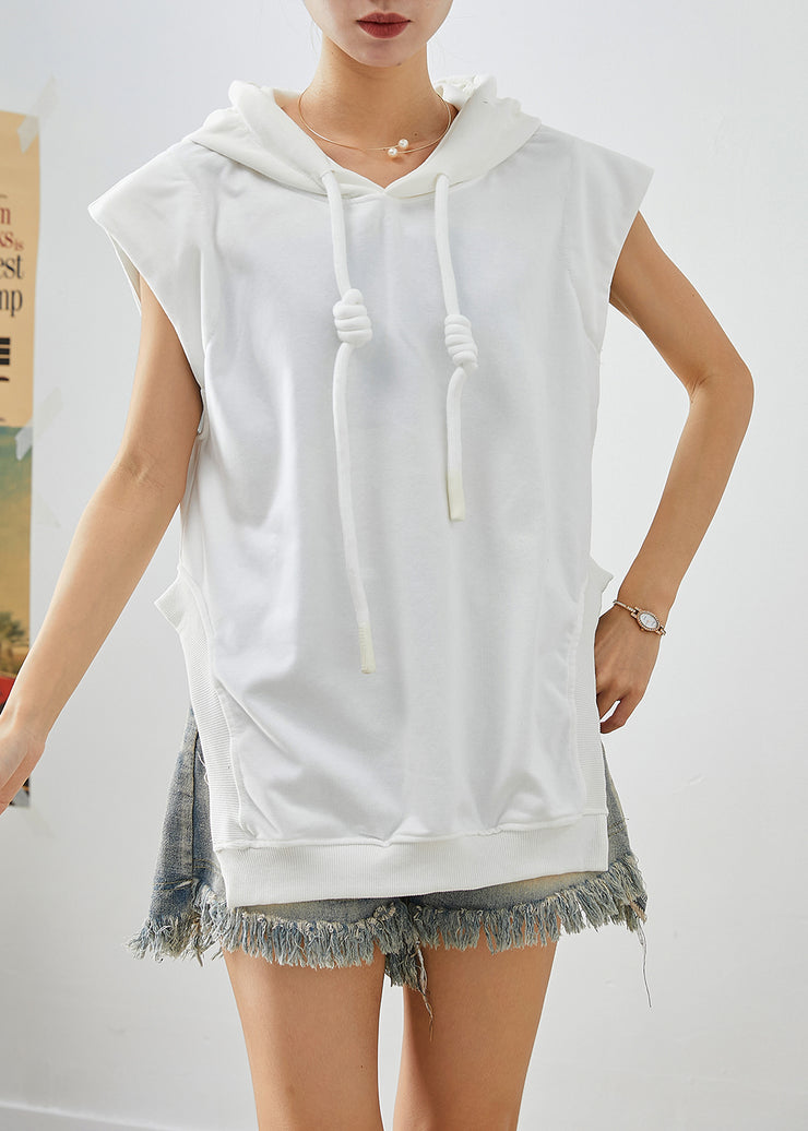 Casual White Hooded Drawstring Side Open Cotton Sweatshirts Top Sleeveless