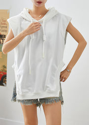 Casual White Hooded Drawstring Side Open Cotton Sweatshirts Top Sleeveless